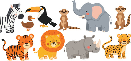 Cute jungle safari animals vector set including lion tiger elephant zebra rhino monkey toucan duck leopard cartoon collection © MdJillur