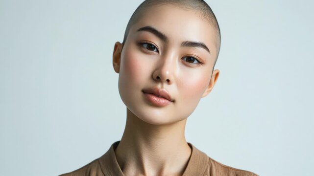 Portrait of a beautiful asian woman with a buzz cut looking at the camera on a white background
