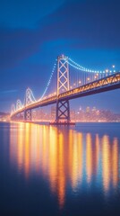 Fototapeta premium A bridge illuminated over the water at dusk exudes grandeur and serves as the main backdrop for the city or its architecture.