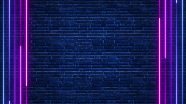 abstract neon lights border frame glow lines blue brick wall animation, technology and game blank social media motion background