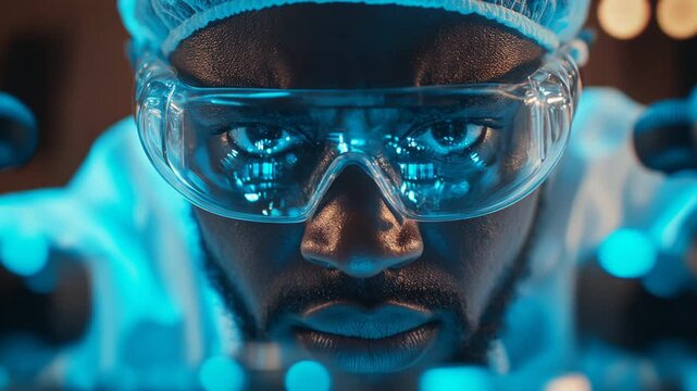 Extreme close up of a focused black male scientist looking intensely at his work in a modern lab