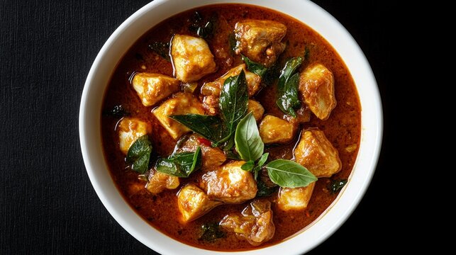 A fragrant fish curry with chunks of fish and herbs in a white bowl whets the appetite and provides an atmospheric backdrop for cooking or dishes.
