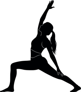 Black silhouette vector illustration of an active young woman practicing yoga reverse warrior pose for fitness health and wellness design