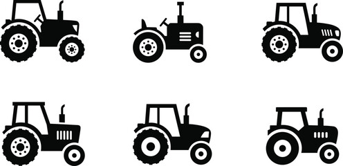 Black tractor silhouette icons collection featuring six unique designs with varied cabins, wheels, and exhaust pipes for agriculture, farming, and equipment graphic projects © Adib