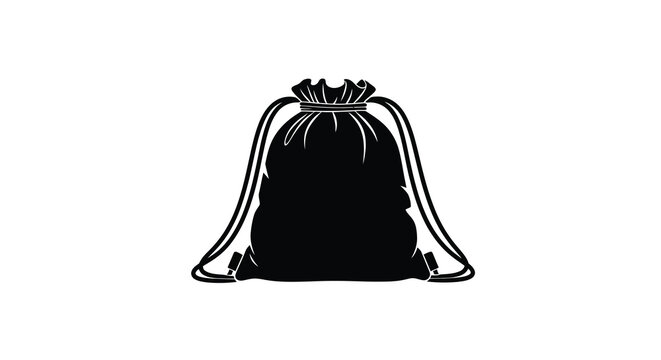A simple black silhouette depicts a drawstring bag commonly used for carrying items high quality professional
