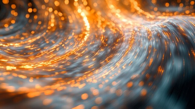 A swirl of golden and silvery lights, with their blurred movement, conveys a sense of dynamism and provides an atmospheric backdrop for energy or abstraction.