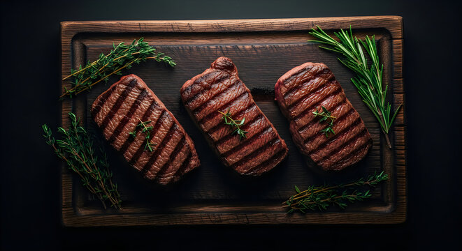 Three grilled steaks with rosemary and greenery on a wooden tray