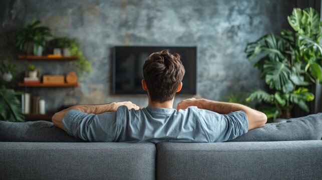 A young man is sitting with his back to the sofa in front of the TV in a cosy room; the image conveys a sense of relaxation and provides an atmospheric backdrop for unwinding at home.