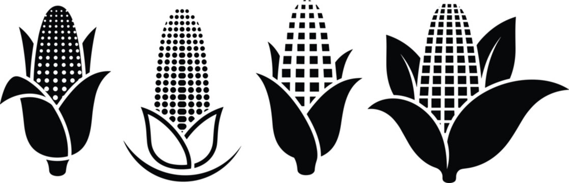 Set of black and white corn on the cob icons featuring various husk styles and kernel patterns for organic farming agriculture harvest festival and healthy food concepts