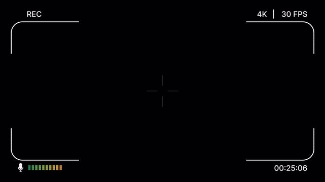 Analog camcorder recording screen with rec indicator, 4K 30 FPS display, audio levels, timecode for overlay. Retro camera viewfinder overlay with HUD, Bad TV, scanline, grunge for cinematic. 4K Video