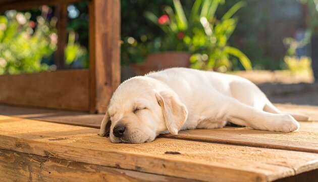Sleeping puppy on wooden deck