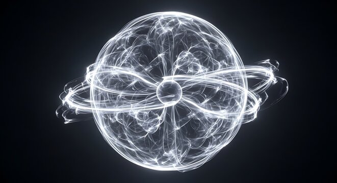 Abstract glowing orb with swirling energetic tendrils and orbital rings against black
