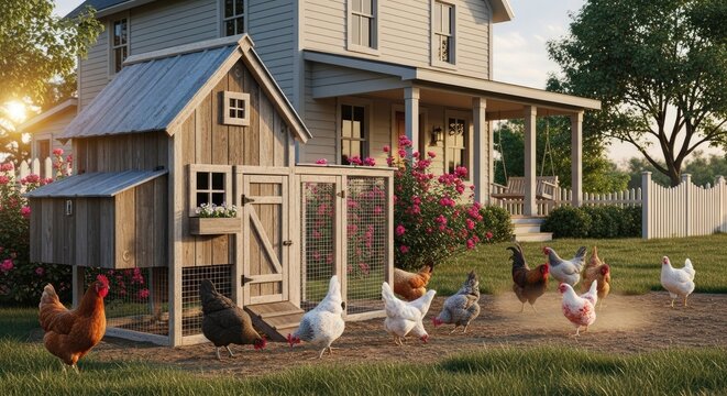 chickens gathered around a coop house.