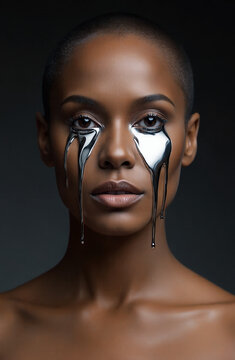 Surreal female portrait crying with liquid chrome tears. Molten silver liquid streaming from her eyes. Dark and moody background, the metallic texture creates an aesthetic deep emotion