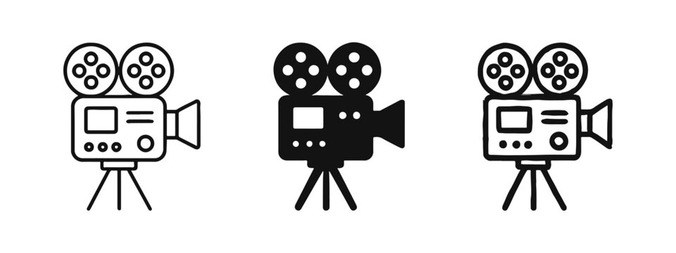 Vintage Movie Camera Icon Set - Retro Film Cinema Projector in Three Design Styles
