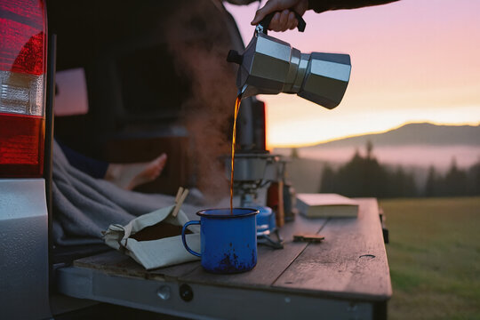 Steam rises as fresh coffee is poured from a moka pot into an enamel mug on a van tailgate. Misty mountain sunrise background. Cozy scene of a morning brew and the quiet freedom of a trip in the wild