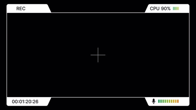 Modern camera viewfinder overlay with rec indicator, CPU usage, timecode, audio level for editing. Futuristic recording screen alpha channel with clean HUD for filming. Digital camera HUD overlay. 4K