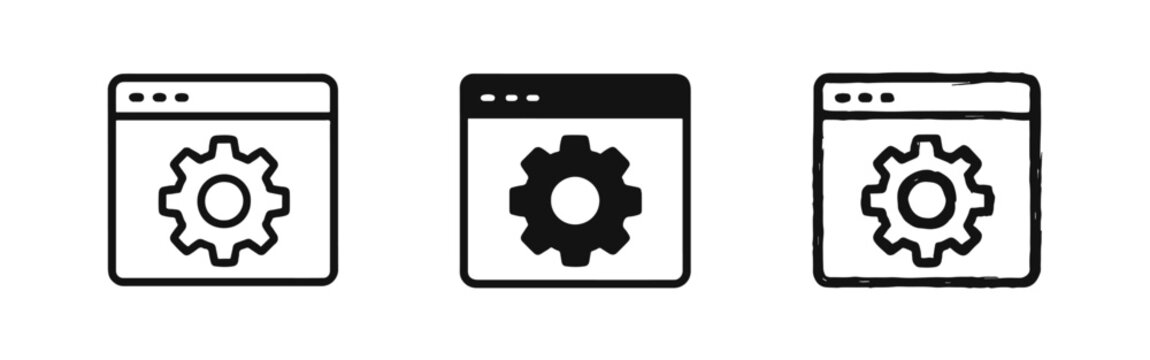 Web Browser Settings Icon Set with Gear in Outline, Solid, and Hand-Drawn Styles for Website Configuration