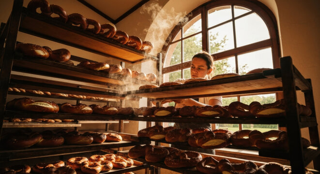 Young Baker Arranging Steaming Bavarian Pretzels on Rustic Display in Traditional German Bakery at Golden Hour