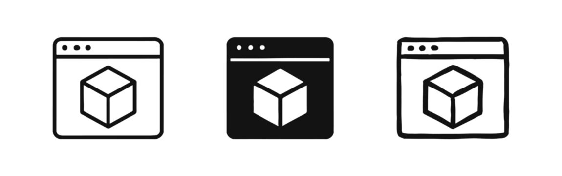 Browser Window with 3D Cube Icon Set in Outline, Solid, and Hand-Drawn Styles for Modeling and Web Design