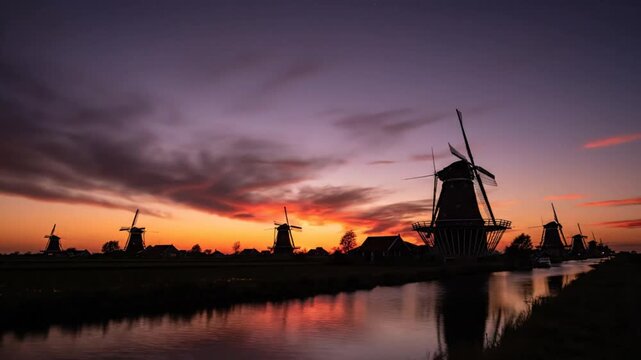 Beautiful Sunset Timelapse Over Traditional Dutch Windmills Reflecting in Calm Canal Water