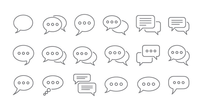 Set of minimal speech bubble icons and chat message outline symbols on white background
