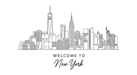 Fototapeta premium Minimalist New York City skyline line art illustration with Welcome to New York text.