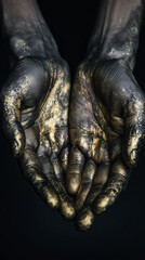 Obraz premium Human hands covered in black and gold paint held open in cupped gesture on dark background, conceptual art of wealth and greed
