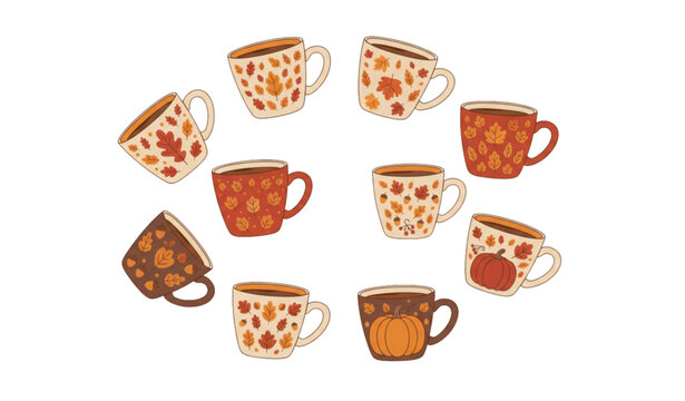 Autumn coffee mug collection in circular composition with cozy fall drinkware vector illustration design