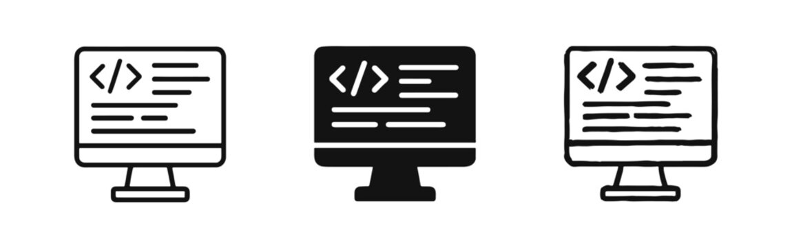 Computer Monitor with Programming Code Icon Set in Outline, Solid, and Hand-Drawn Styles for Web Development