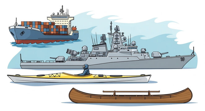 Various watercraft including a cargo ship a warship a kayak and a canoe.