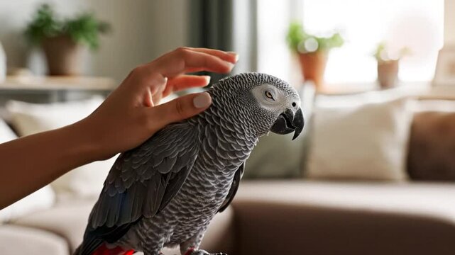 Pet owner gently strokes African grey parrot on the head, bird enjoys petting, close up view in domestic home setting