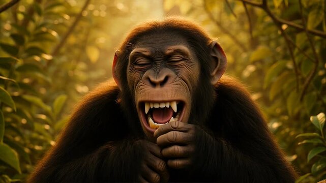 An ape sits with its eyes closed and mouth open, appearing to be laughing or yawning amidst lush greenery