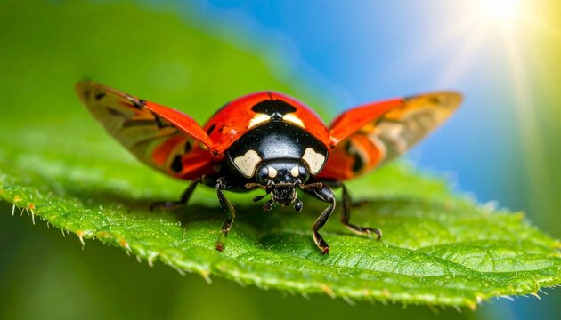 Ladybug on green leaf with open wings