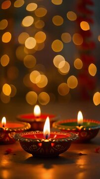 Diwali wallpaper with glowing oil lamps and golden bokeh background