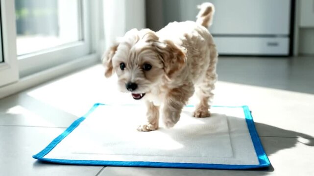 Adorable fluffy puppy stands on a training pad in a brightly lit room with a cheerful expression