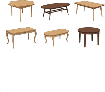 Set of Six Wooden Table Designs in Different Shapes and Styles for Furniture and Interior Design Projects