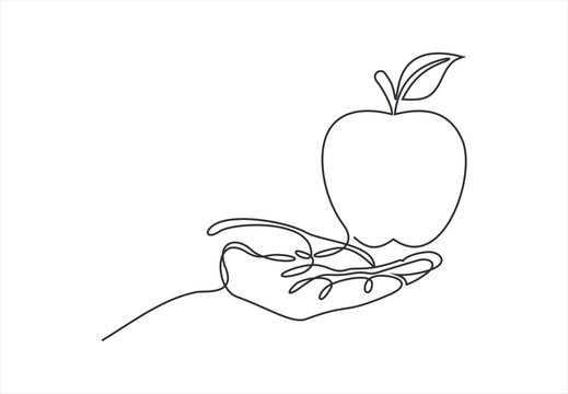Continuous line drawing of hand holding apple fruit. Apple fruit on hand drawn in one line art style. Vector illustration.