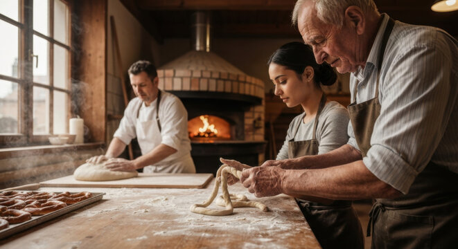 Multigenerational Bavarian Bakers Crafting Traditional Pretzels with Diverse Apprentice in Rustic Family Bakery