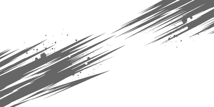 Dynamic black ink streaks slashing diagonally across a white background, with splatter accents and a bold, abstract, high-energy brushstroke style vector design.