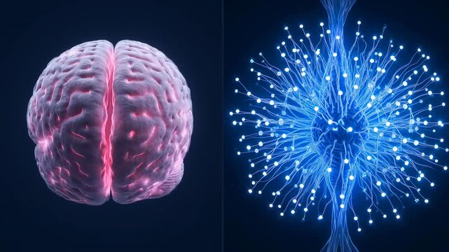 Human brain and glowing blue neural network illustration