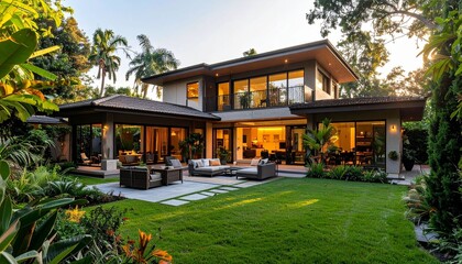 Fototapeta premium Modern house with lush garden