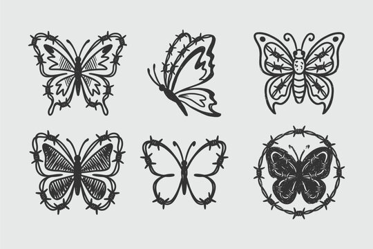 Butterfly Barbed Wire Tattoo Flash Set - Edgy Grunge Aesthetic Illustration