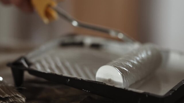 Close-up of Paint Roller Dipped into White Paint in Tray, Preparing for Wall or Door Painting, 4K 10-bit