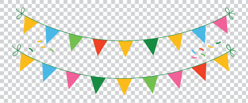 Colorful triangular pennant bunting flags hanging in a festive curved line.