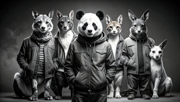 Anthro animals, including a panda and dogs, don jackets. Monochrome, slightly dramatic