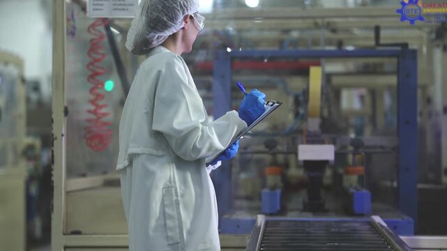 A focused female quality inspector in a sanitized lab coat and safety glasses recording data while auditing an automated production line in a modern manufacturing facility.