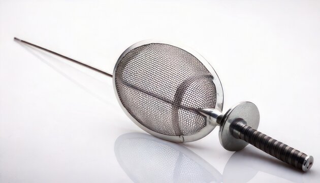 Fencing epee with mesh guard on white background.