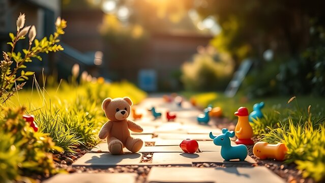 teddy. A sunny garden path with scattered toys, focusing on a lone teddy bear. wildlife magazines, conservation campaigns, designed for nature documentaries and education, supports conservation.