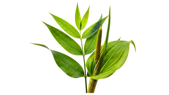 Fresh green plant with spadix flower and leaves isolated on white background
